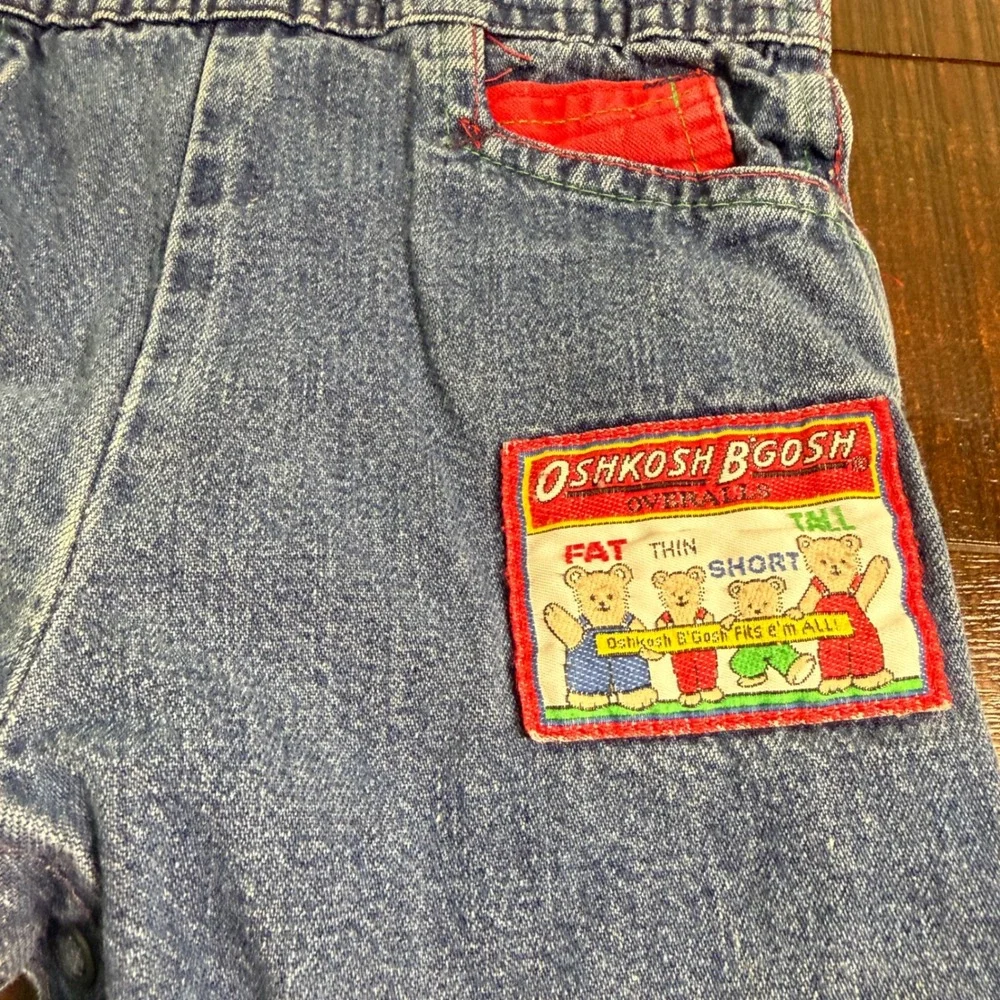 OshKosh B'gosh Overalls Kids 18M Blue Red Green Denim Vintage USA Bear Patch Fat